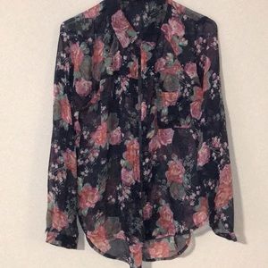 Sheer Floral Print Button Down Blouse